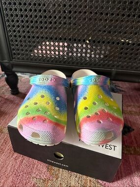 CROCS Kids Rainbow Tie-Dye Clogs - Pink, Blue, Green, Yellow